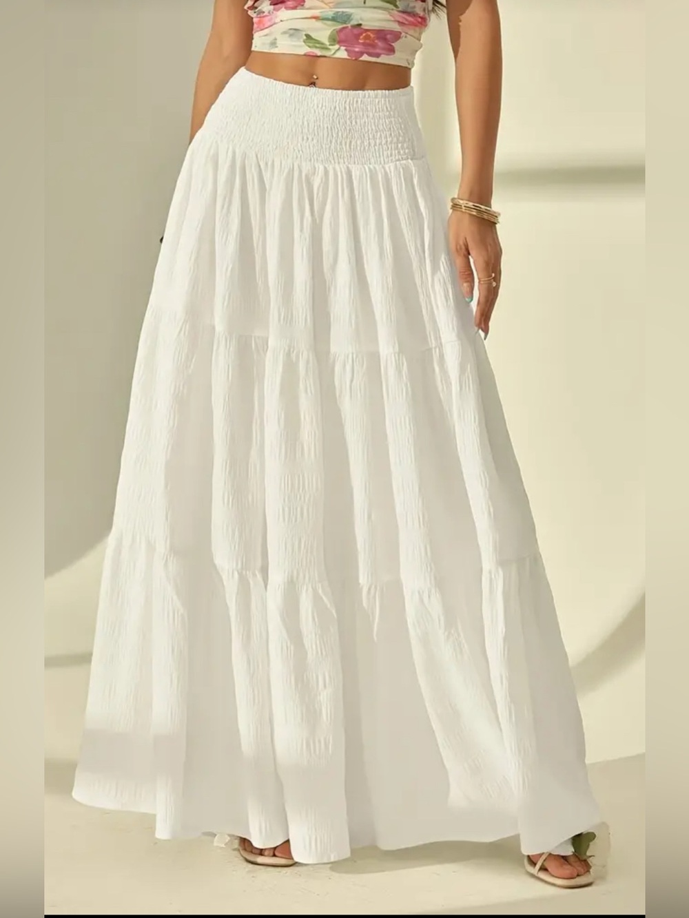 Boho White Tiered Smocked Waist Maxi Skirt/Midi Dress size S